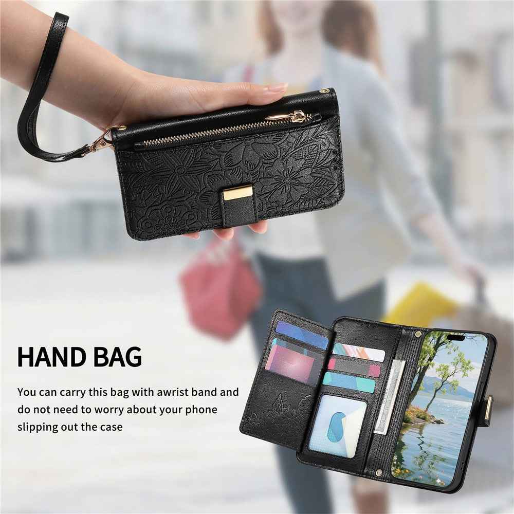 For Xiaomi 17 Pro Case Floral Leaf Pattern Multi Card Slots Zipper Leather Phone Cover with Wrist Strap - Black
