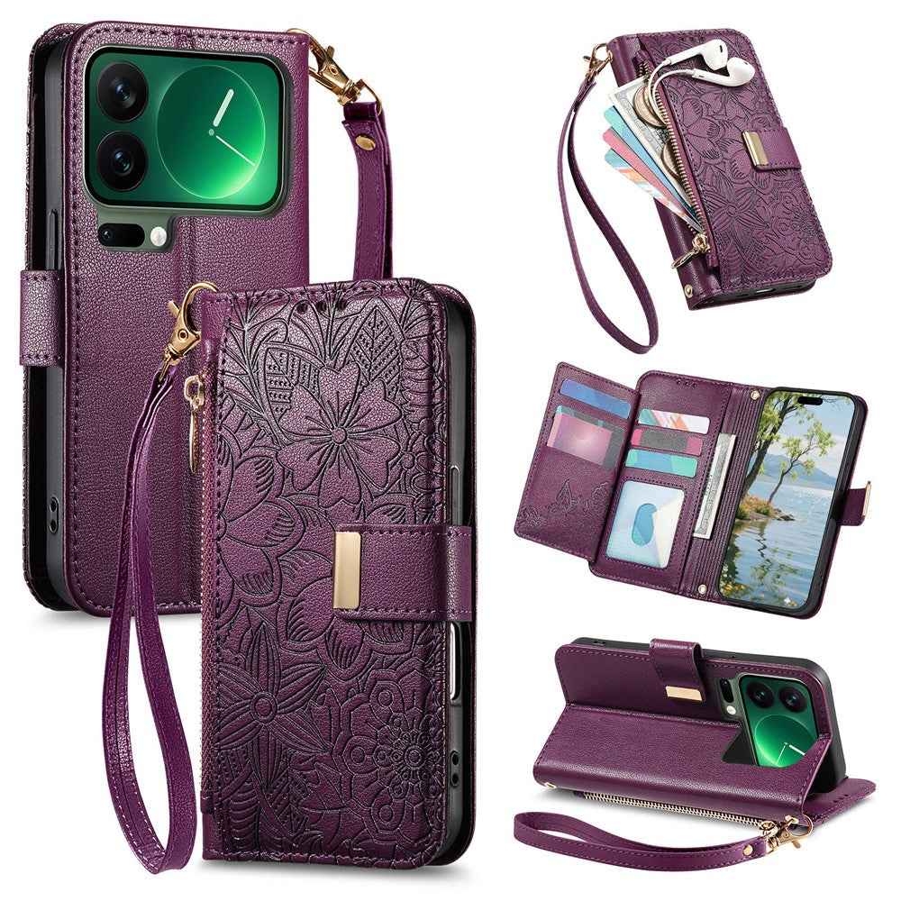 For Xiaomi 17 Pro Case Floral Leaf Pattern Multi Card Slots Zipper Leather Phone Cover with Wrist Strap - Purple