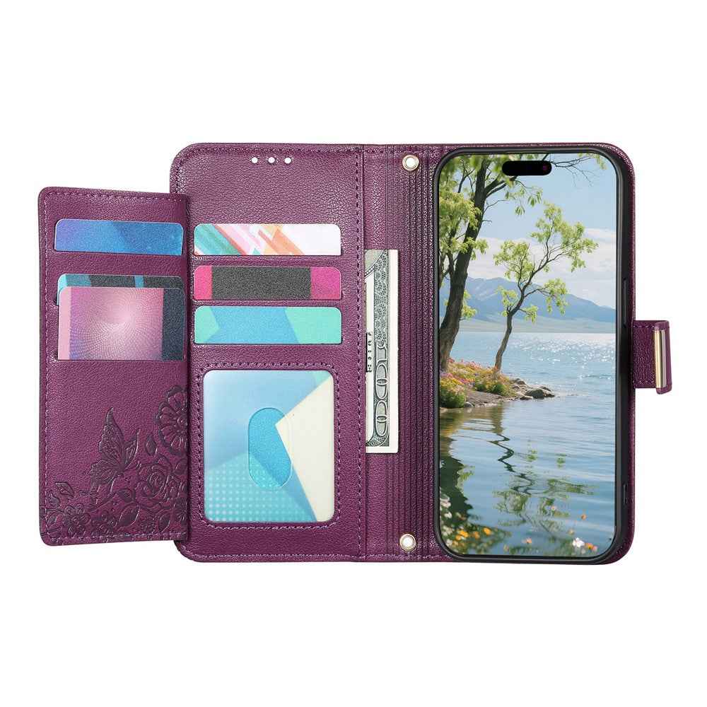 For Xiaomi 17 Pro Case Floral Leaf Pattern Multi Card Slots Zipper Leather Phone Cover with Wrist Strap - Purple