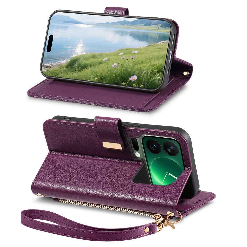 For Xiaomi 17 Pro Case Floral Leaf Pattern Multi Card Slots Zipper Leather Phone Cover with Wrist Strap - Purple