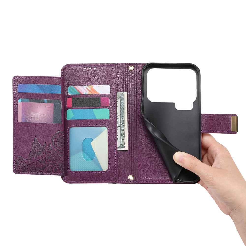 For Xiaomi 17 Pro Case Floral Leaf Pattern Multi Card Slots Zipper Leather Phone Cover with Wrist Strap - Purple