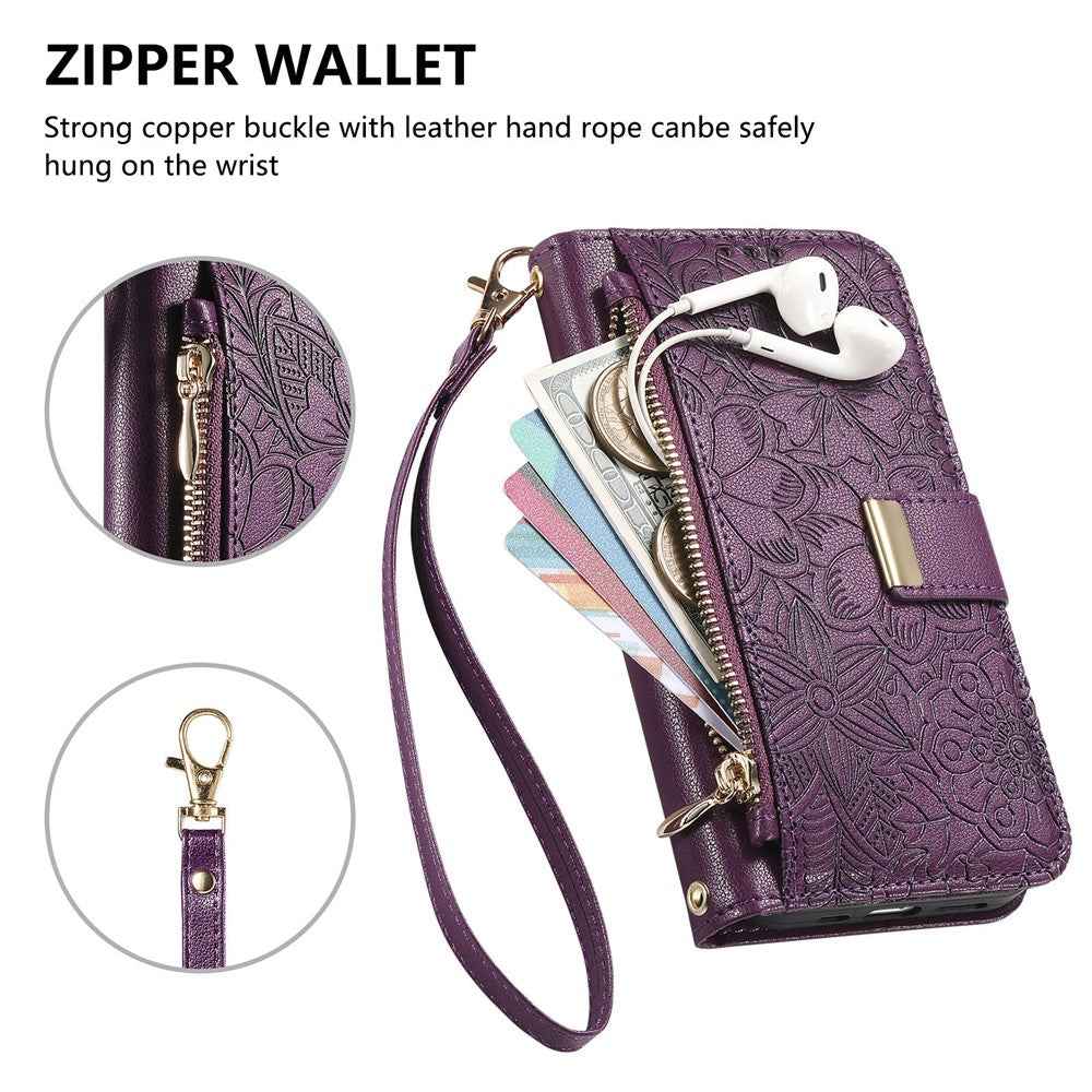 For Xiaomi 17 Pro Case Floral Leaf Pattern Multi Card Slots Zipper Leather Phone Cover with Wrist Strap - Purple
