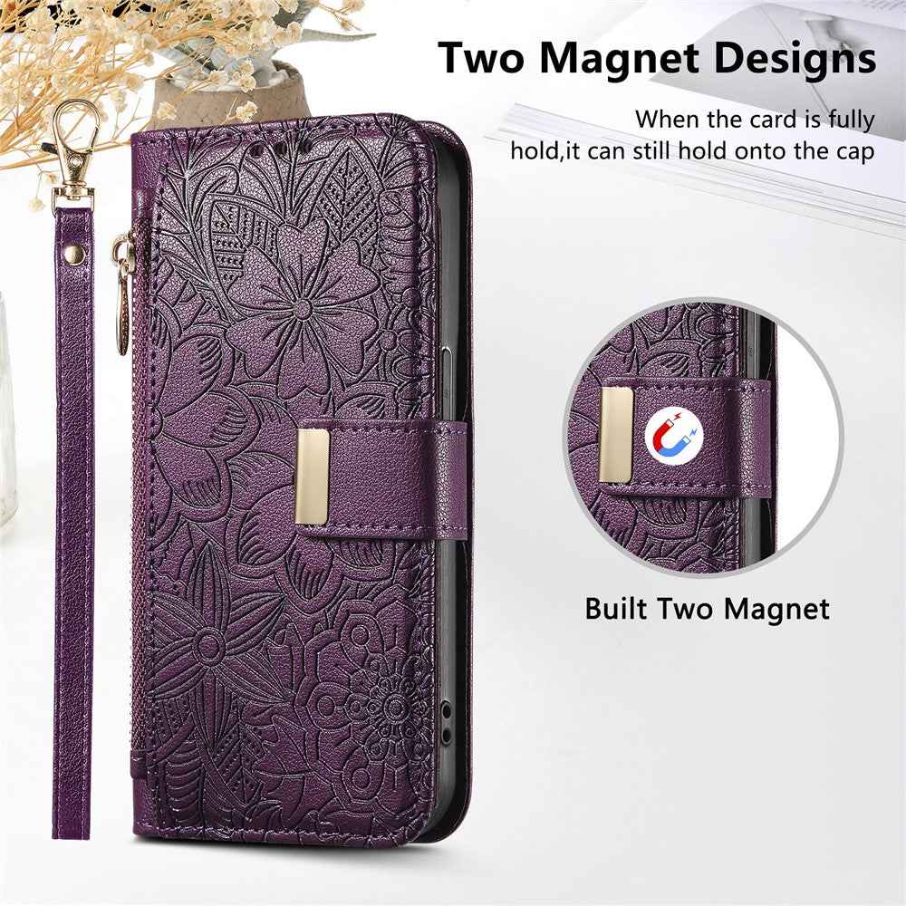 For Xiaomi 17 Pro Case Floral Leaf Pattern Multi Card Slots Zipper Leather Phone Cover with Wrist Strap - Purple