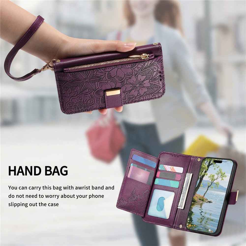 For Xiaomi 17 Pro Case Floral Leaf Pattern Multi Card Slots Zipper Leather Phone Cover with Wrist Strap - Purple