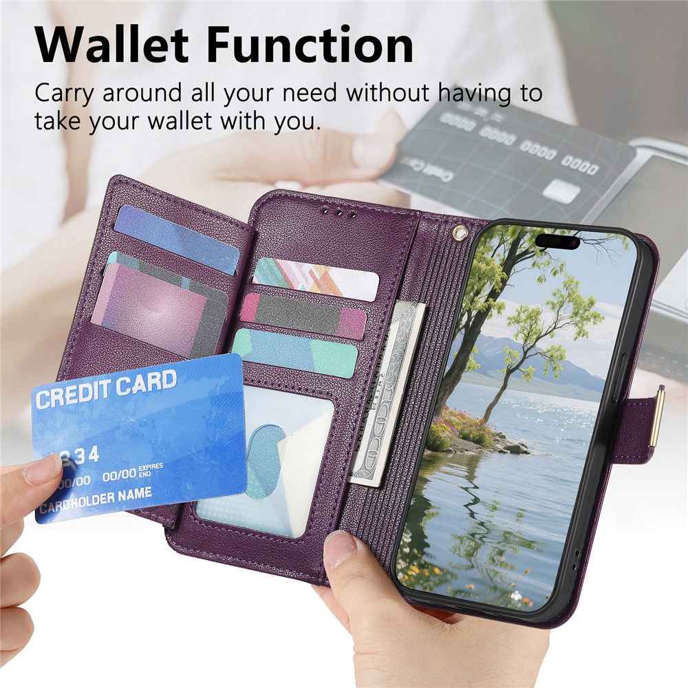 For Xiaomi 17 Pro Case Floral Leaf Pattern Multi Card Slots Zipper Leather Phone Cover with Wrist Strap - Purple
