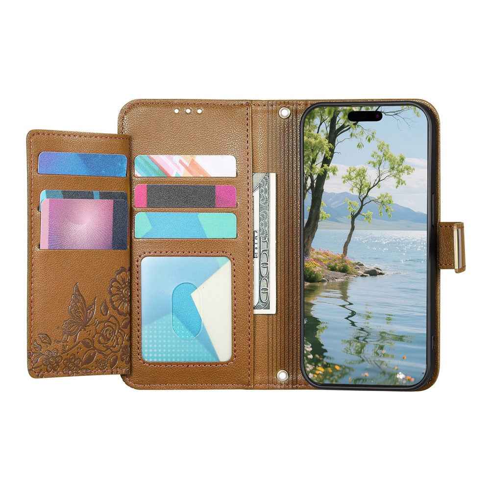 For Xiaomi 17 Pro Case Floral Leaf Pattern Multi Card Slots Zipper Leather Phone Cover with Wrist Strap - Brown