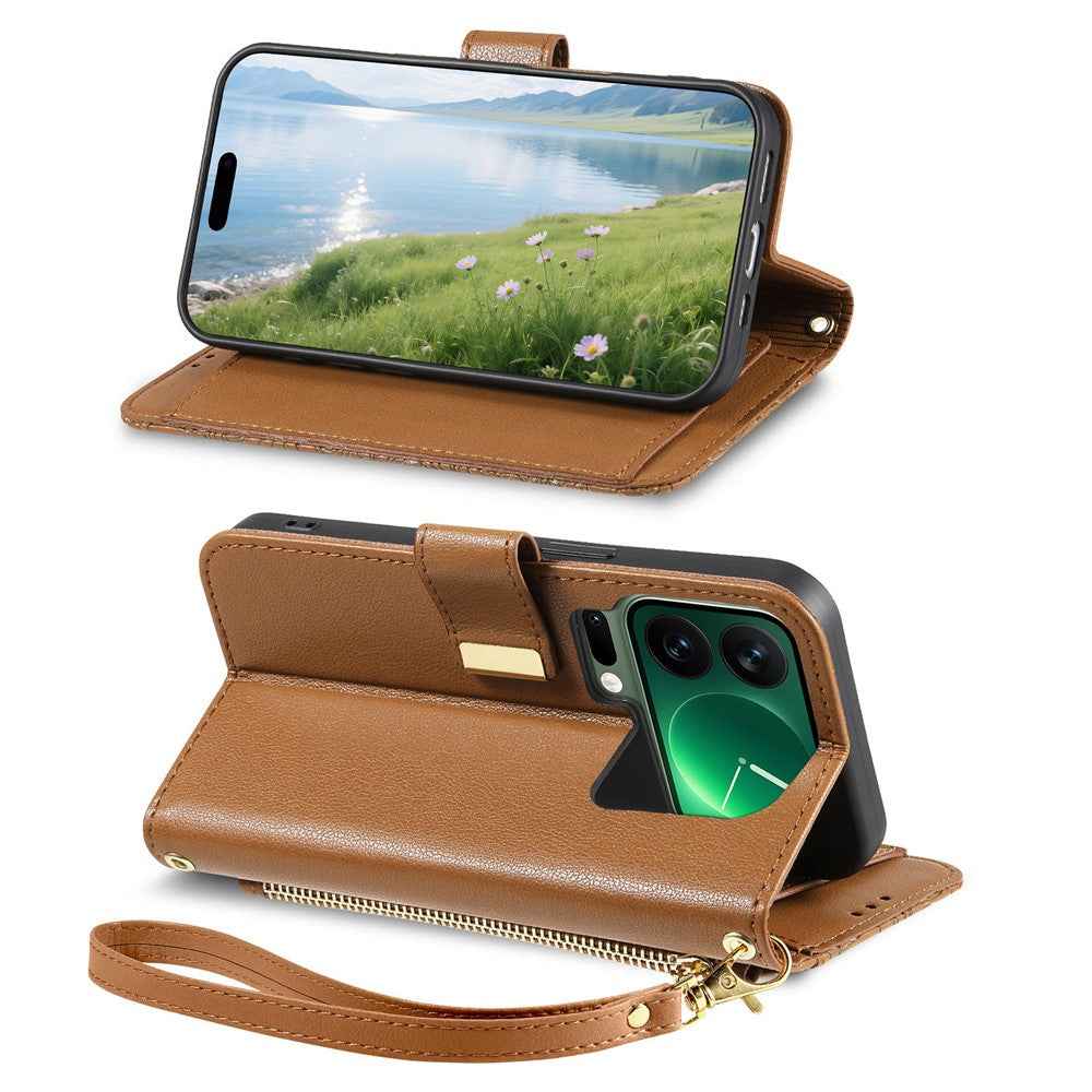 For Xiaomi 17 Pro Case Floral Leaf Pattern Multi Card Slots Zipper Leather Phone Cover with Wrist Strap - Brown