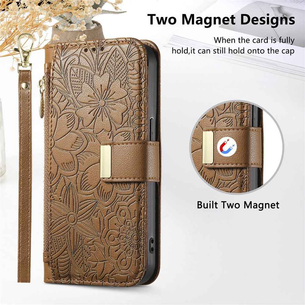 For Xiaomi 17 Pro Case Floral Leaf Pattern Multi Card Slots Zipper Leather Phone Cover with Wrist Strap - Brown