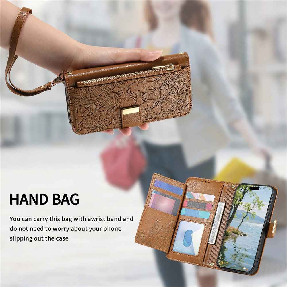 For Xiaomi 17 Pro Case Floral Leaf Pattern Multi Card Slots Zipper Leather Phone Cover with Wrist Strap - Brown