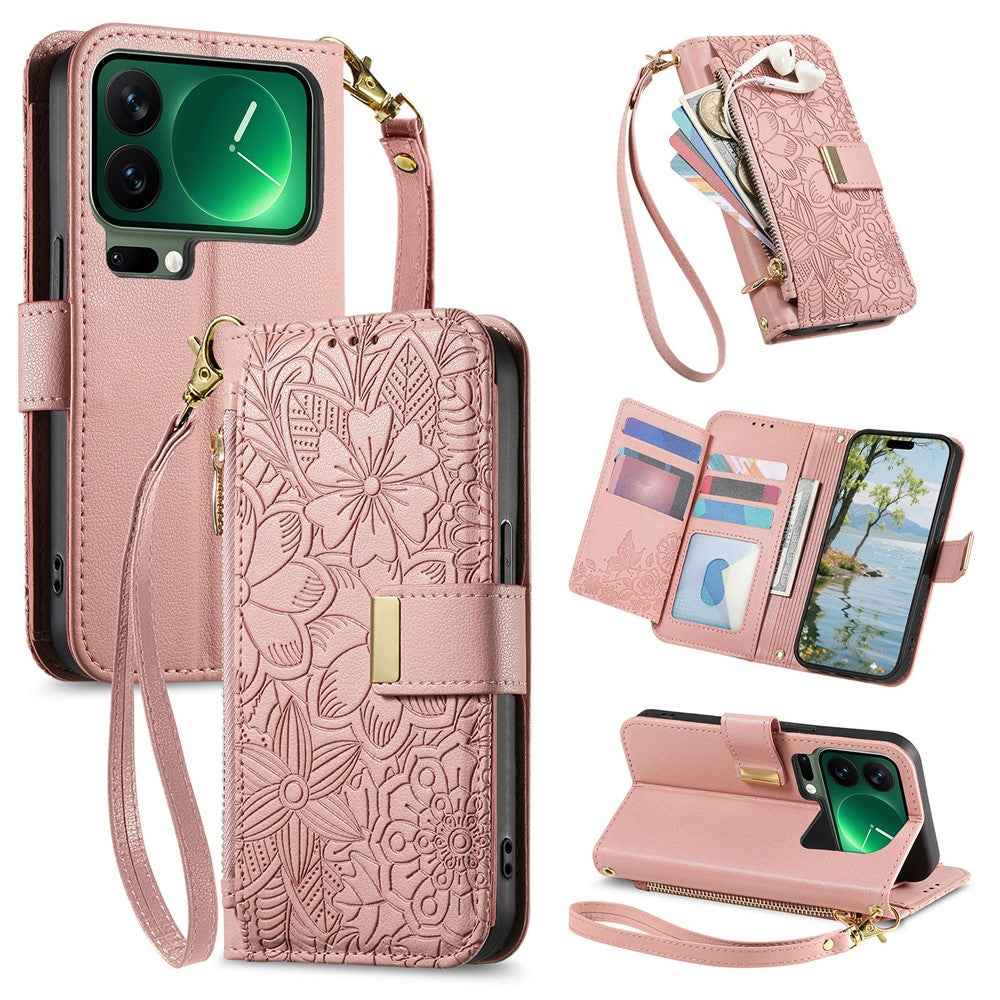 For Xiaomi 17 Pro Case Floral Leaf Pattern Multi Card Slots Zipper Leather Phone Cover with Wrist Strap - Pink