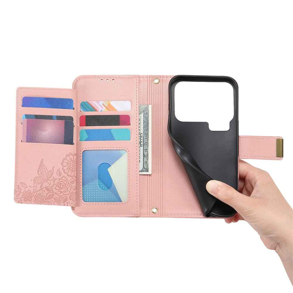 For Xiaomi 17 Pro Case Floral Leaf Pattern Multi Card Slots Zipper Leather Phone Cover with Wrist Strap - Pink