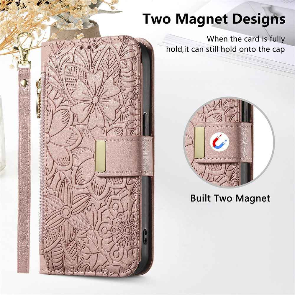 For Xiaomi 17 Pro Case Floral Leaf Pattern Multi Card Slots Zipper Leather Phone Cover with Wrist Strap - Pink