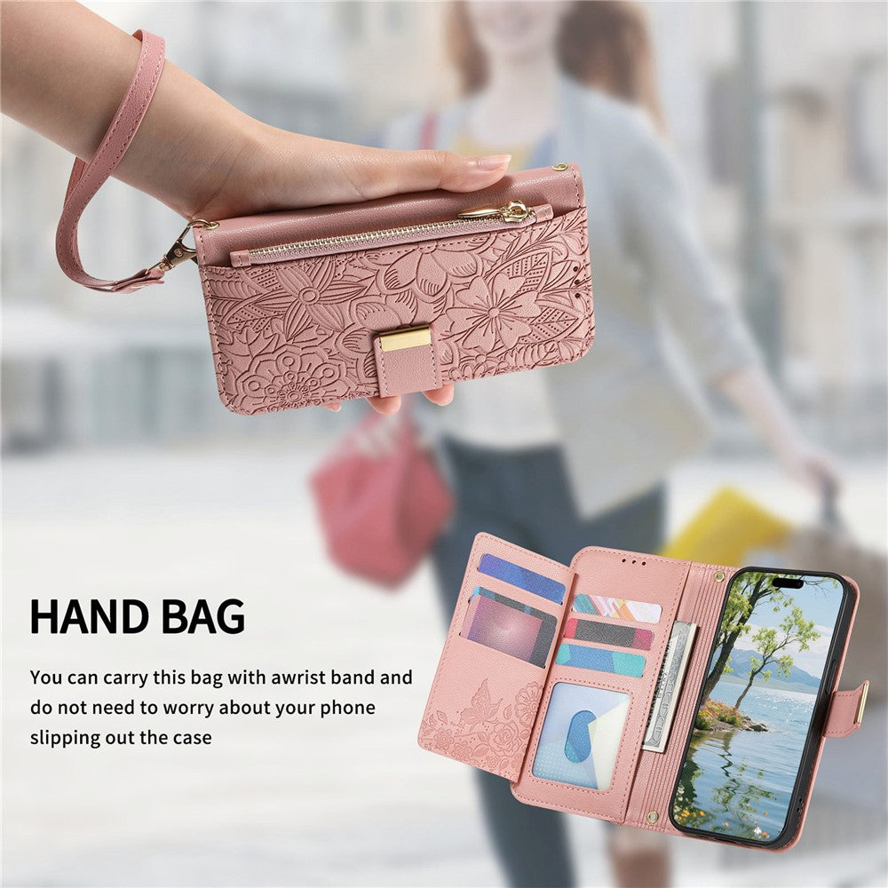 For Xiaomi 17 Pro Case Floral Leaf Pattern Multi Card Slots Zipper Leather Phone Cover with Wrist Strap - Pink