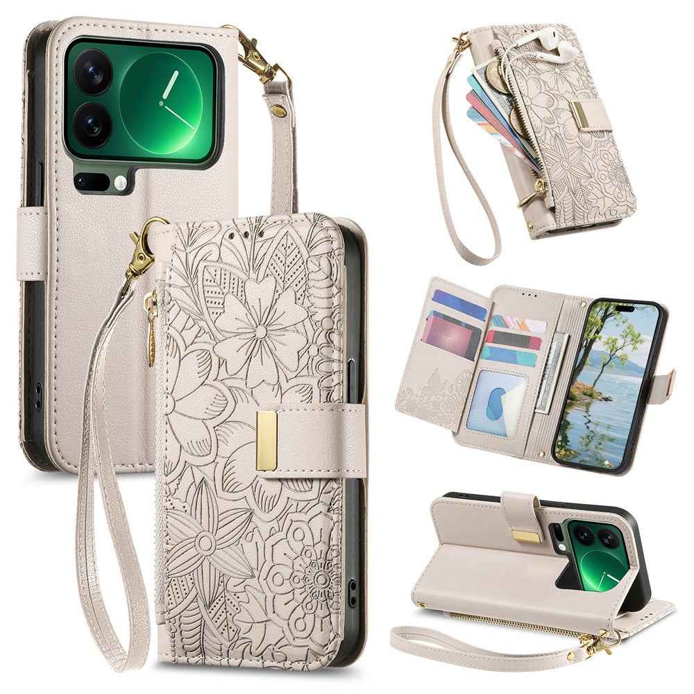 For Xiaomi 17 Pro Case Floral Leaf Pattern Multi Card Slots Zipper Leather Phone Cover with Wrist Strap - Grey