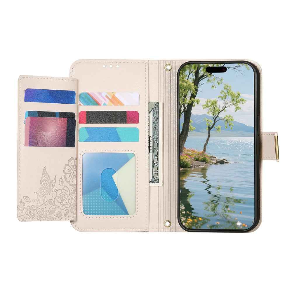 For Xiaomi 17 Pro Case Floral Leaf Pattern Multi Card Slots Zipper Leather Phone Cover with Wrist Strap - Grey