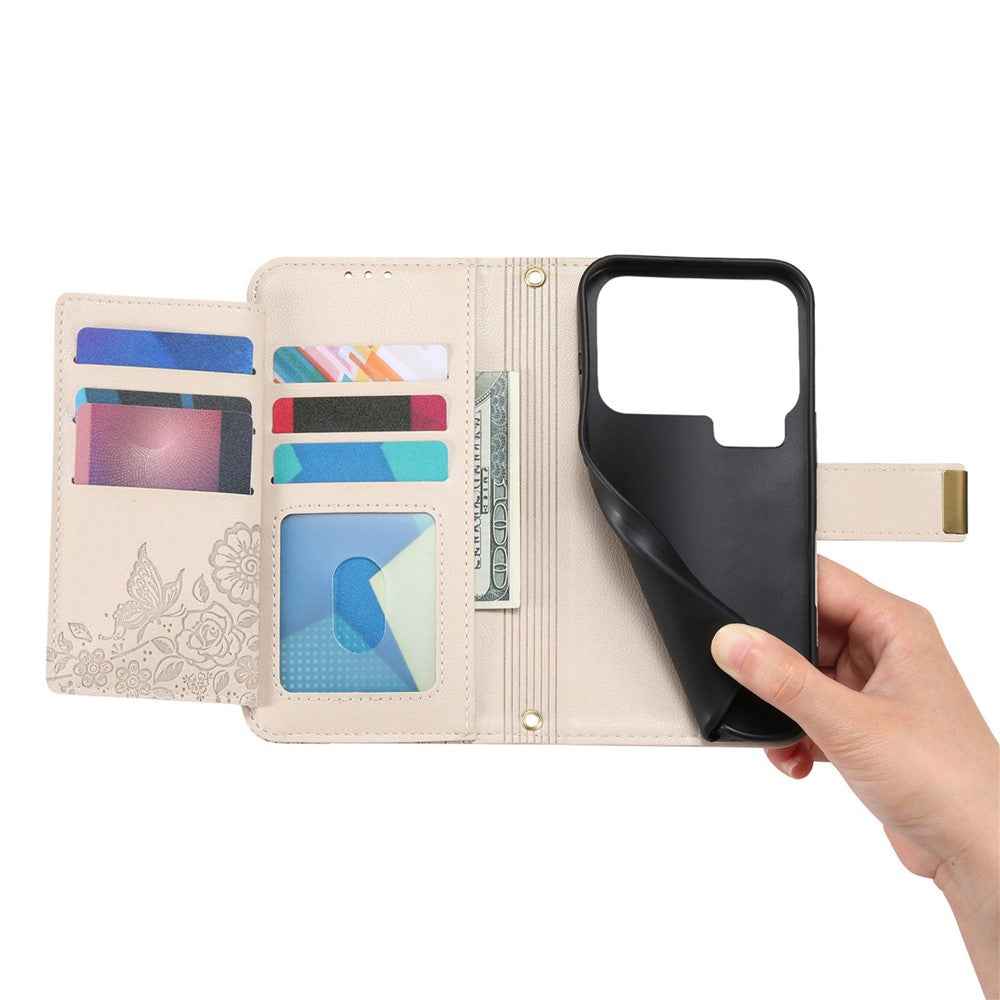 For Xiaomi 17 Pro Case Floral Leaf Pattern Multi Card Slots Zipper Leather Phone Cover with Wrist Strap - Grey