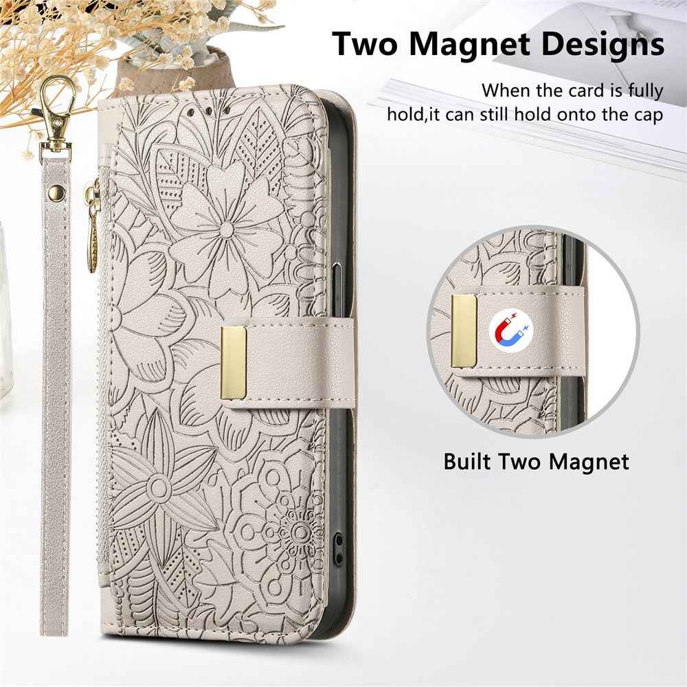 For Xiaomi 17 Pro Case Floral Leaf Pattern Multi Card Slots Zipper Leather Phone Cover with Wrist Strap - Grey