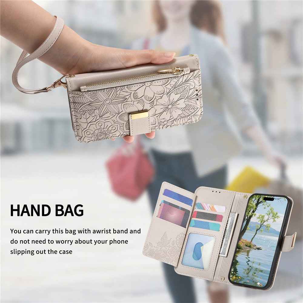 For Xiaomi 17 Pro Case Floral Leaf Pattern Multi Card Slots Zipper Leather Phone Cover with Wrist Strap - Grey