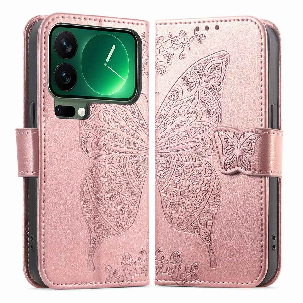 For Xiaomi 17 Pro Case with Strap Butterfly Pattern PU Leather Wallet Phone Cover - Rose Gold