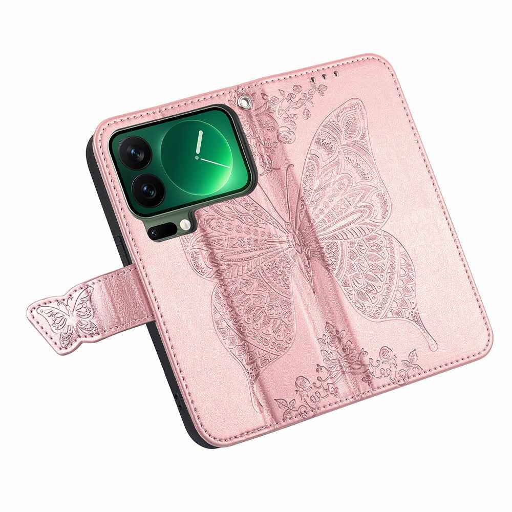 For Xiaomi 17 Pro Case with Strap Butterfly Pattern PU Leather Wallet Phone Cover - Rose Gold