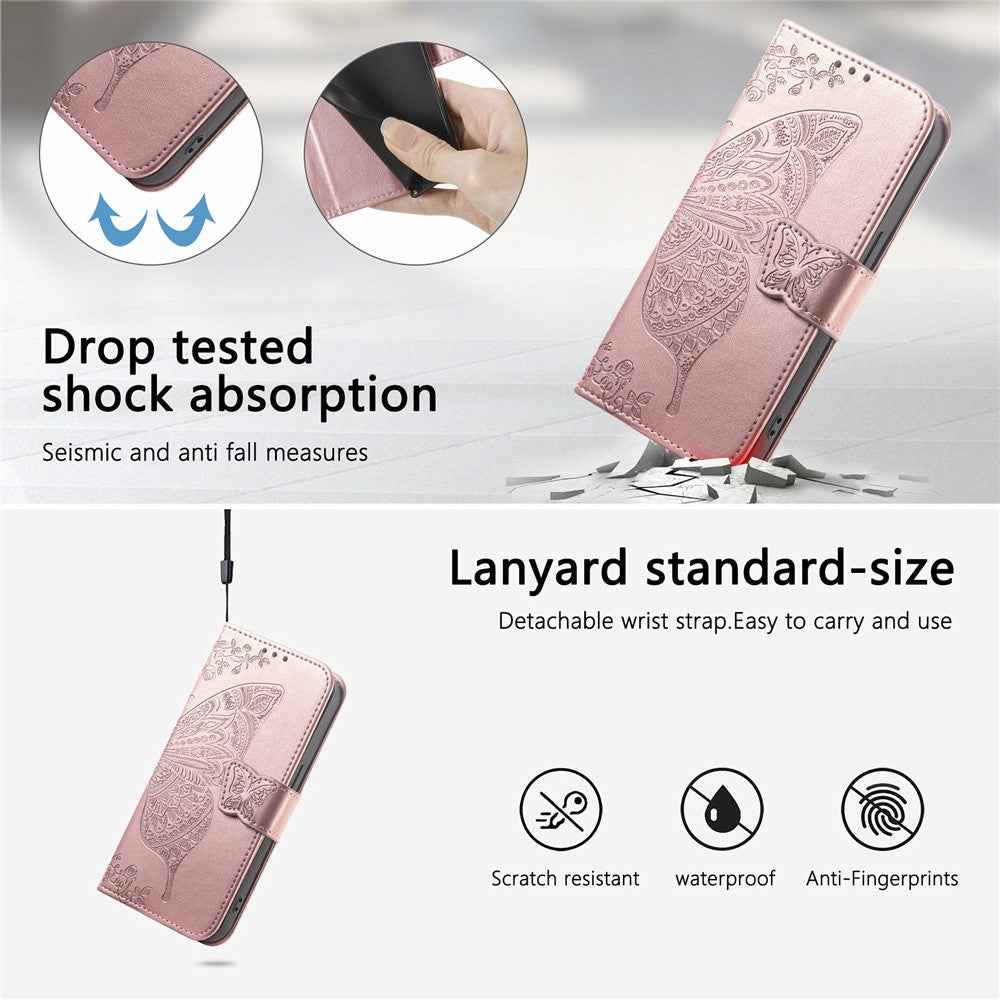 For Xiaomi 17 Pro Case with Strap Butterfly Pattern PU Leather Wallet Phone Cover - Rose Gold