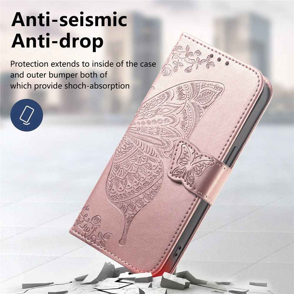For Xiaomi 17 Pro Case with Strap Butterfly Pattern PU Leather Wallet Phone Cover - Rose Gold