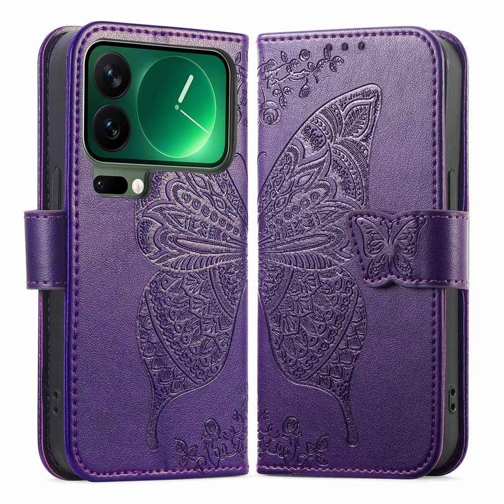 For Xiaomi 17 Pro Case with Strap Butterfly Pattern PU Leather Wallet Phone Cover - Dark Purple