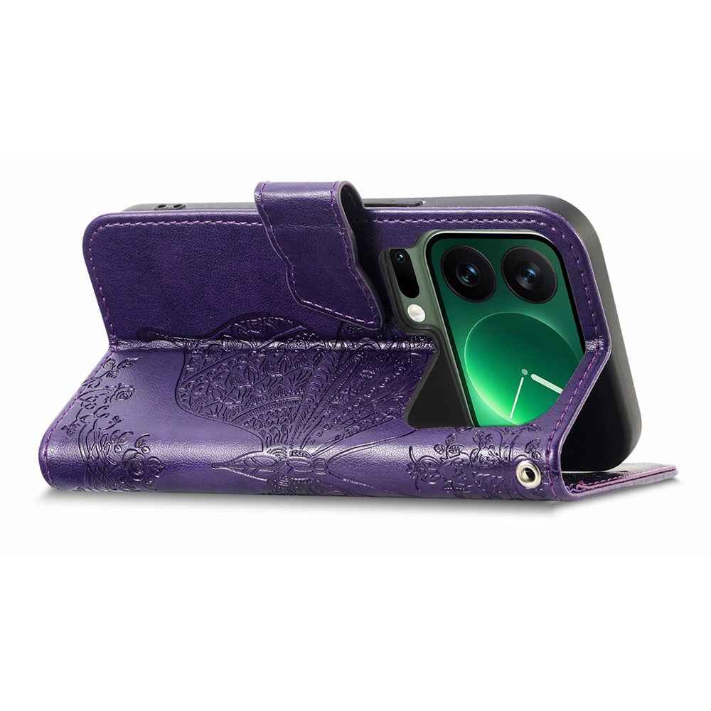 For Xiaomi 17 Pro Case with Strap Butterfly Pattern PU Leather Wallet Phone Cover - Dark Purple