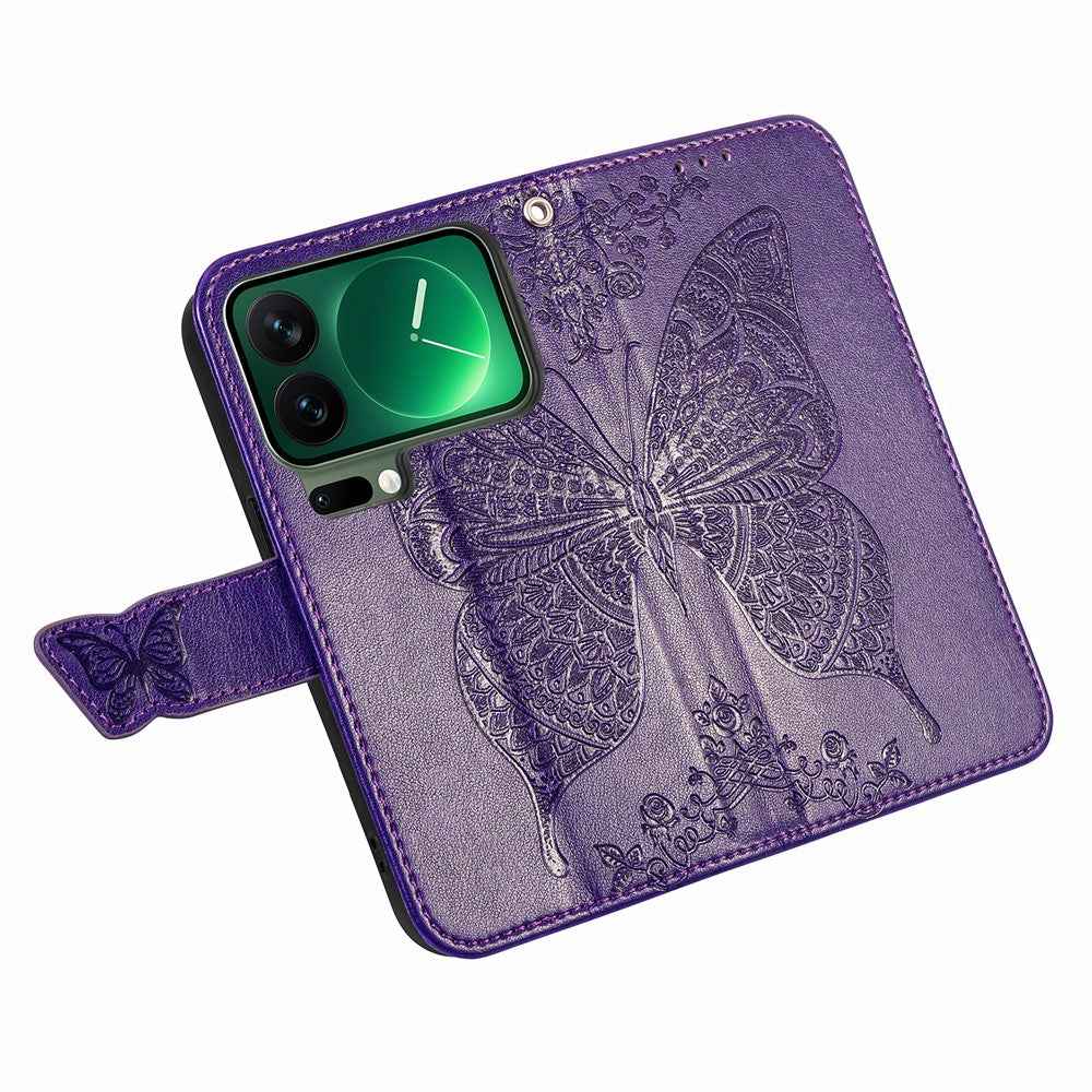 For Xiaomi 17 Pro Case with Strap Butterfly Pattern PU Leather Wallet Phone Cover - Dark Purple