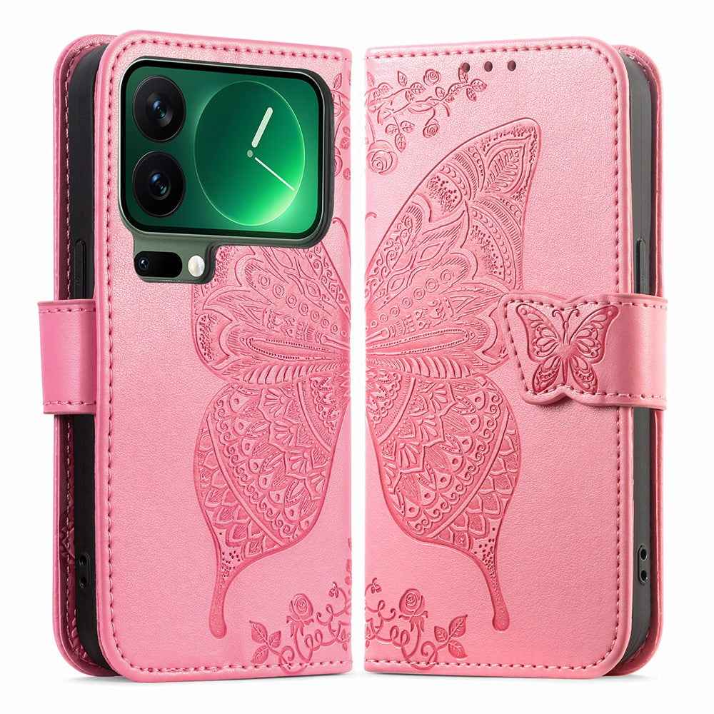 For Xiaomi 17 Pro Case with Strap Butterfly Pattern PU Leather Wallet Phone Cover - Pink