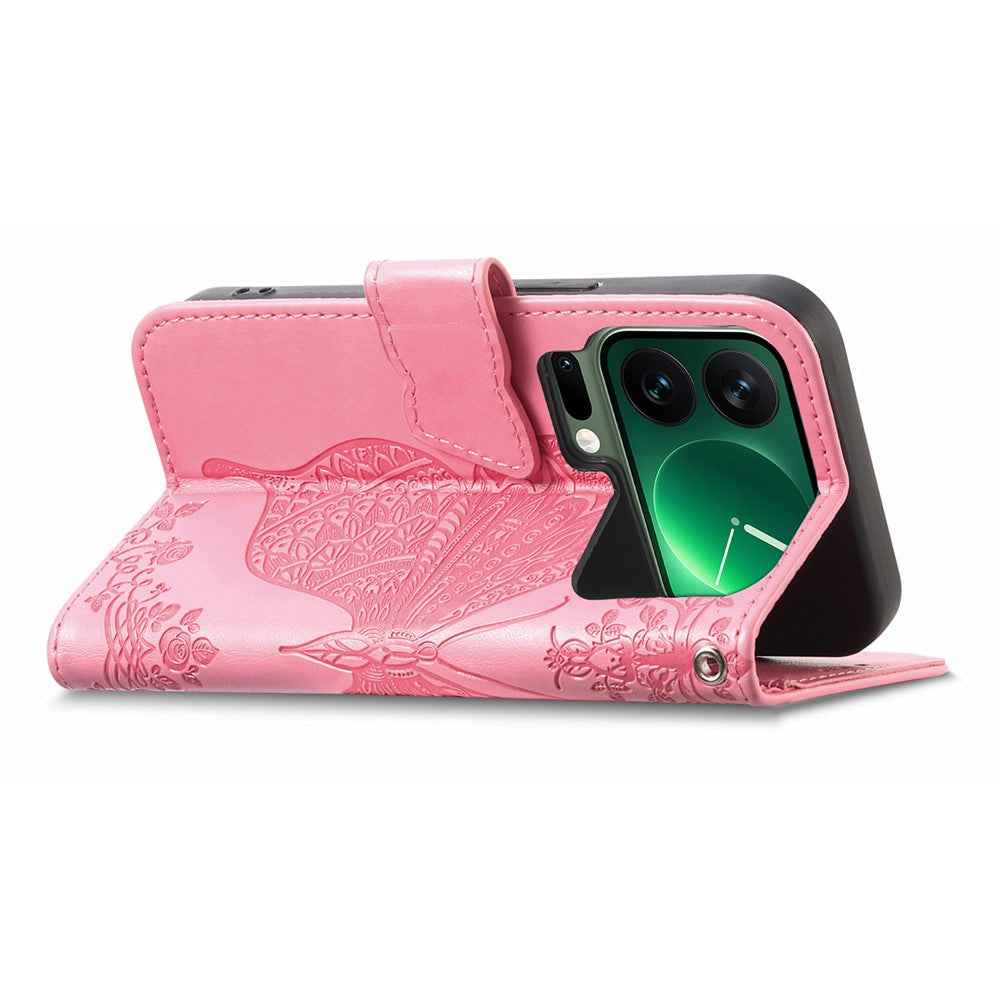 For Xiaomi 17 Pro Case with Strap Butterfly Pattern PU Leather Wallet Phone Cover - Pink