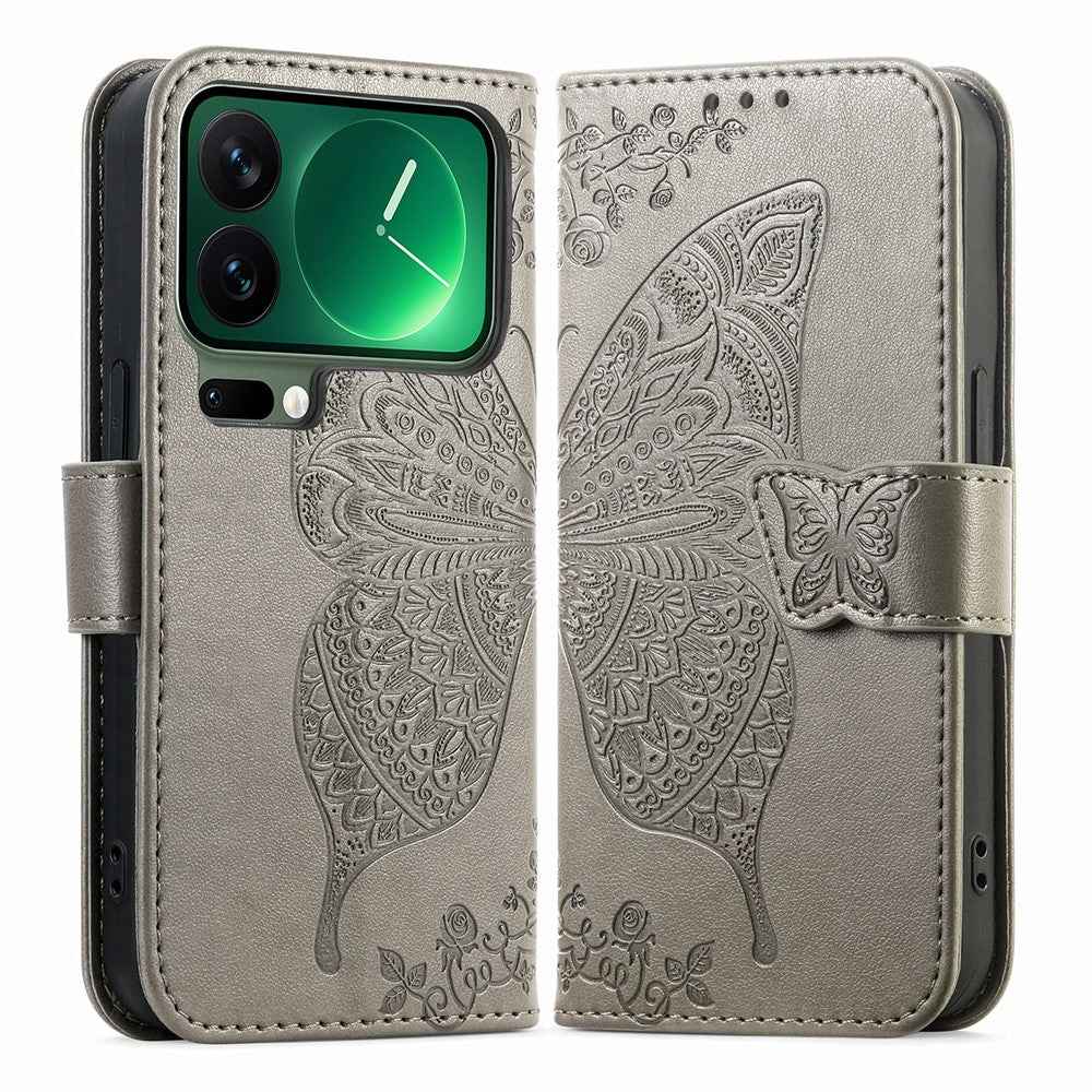 For Xiaomi 17 Pro Case with Strap Butterfly Pattern PU Leather Wallet Phone Cover - Grey