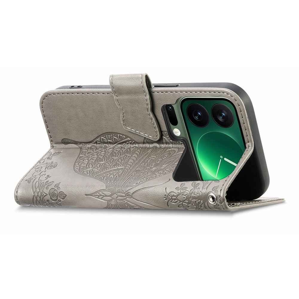For Xiaomi 17 Pro Case with Strap Butterfly Pattern PU Leather Wallet Phone Cover - Grey
