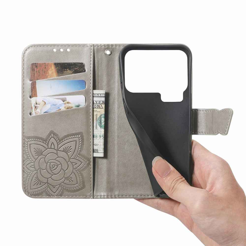 For Xiaomi 17 Pro Case with Strap Butterfly Pattern PU Leather Wallet Phone Cover - Grey