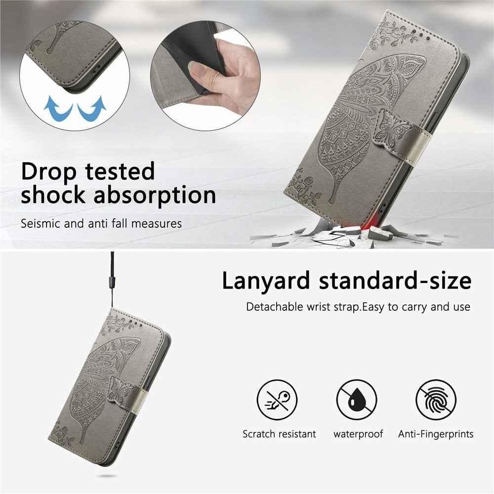 For Xiaomi 17 Pro Case with Strap Butterfly Pattern PU Leather Wallet Phone Cover - Grey
