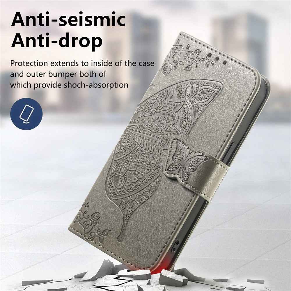 For Xiaomi 17 Pro Case with Strap Butterfly Pattern PU Leather Wallet Phone Cover - Grey