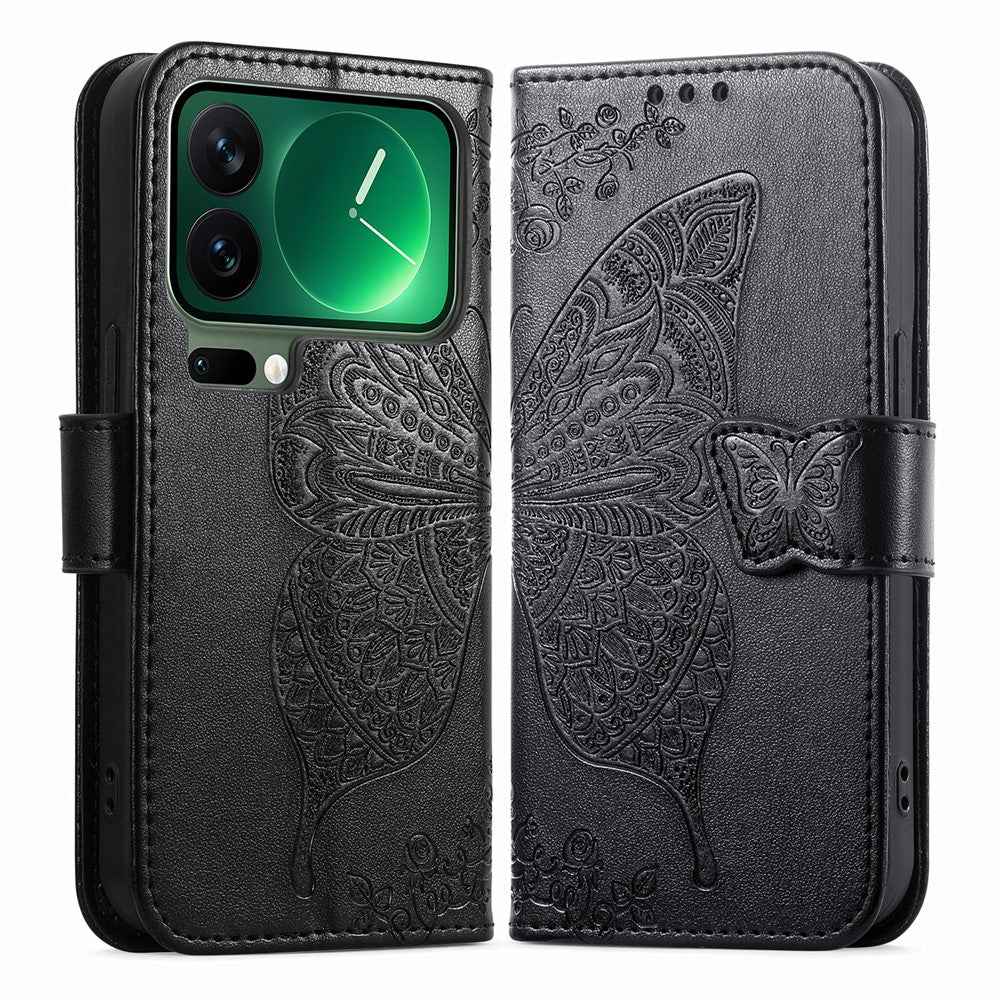 For Xiaomi 17 Pro Case with Strap Butterfly Pattern PU Leather Wallet Phone Cover - Black