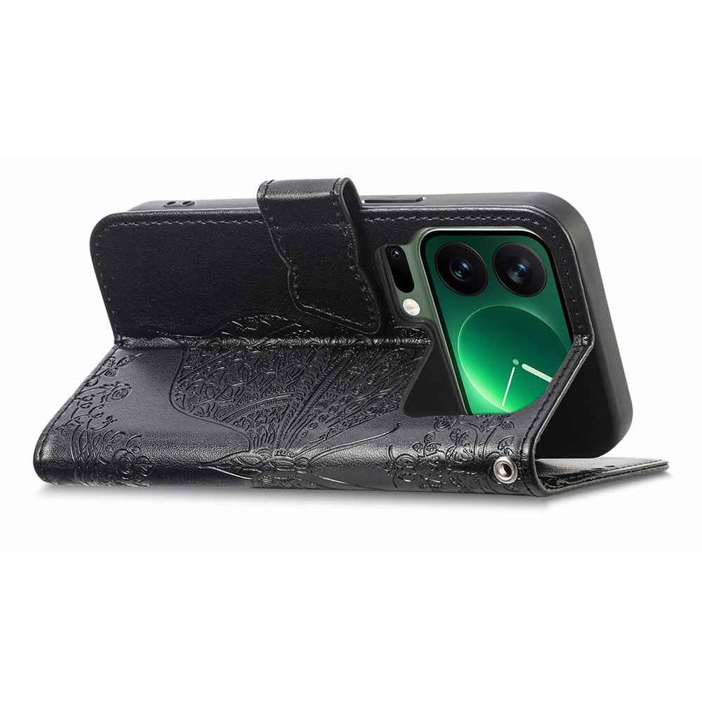 For Xiaomi 17 Pro Case with Strap Butterfly Pattern PU Leather Wallet Phone Cover - Black