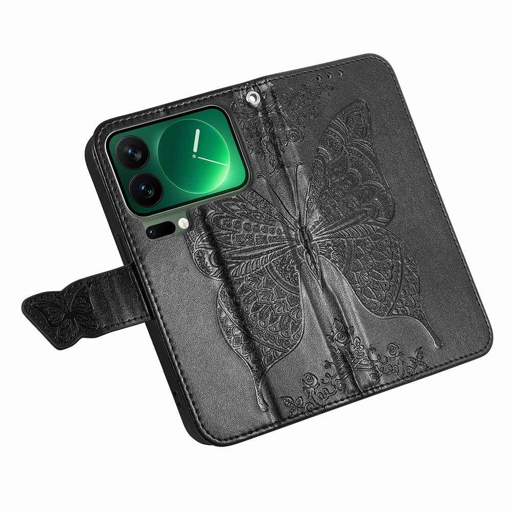 For Xiaomi 17 Pro Case with Strap Butterfly Pattern PU Leather Wallet Phone Cover - Black