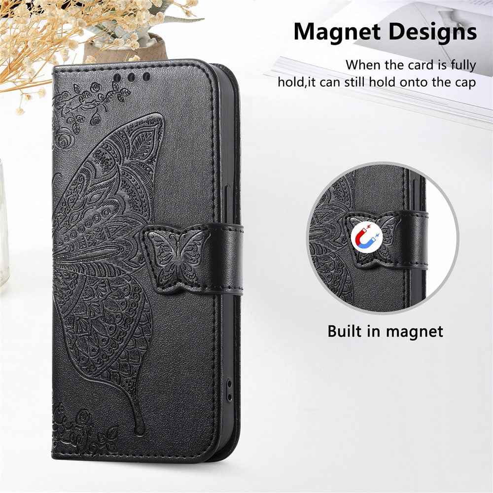 For Xiaomi 17 Pro Case with Strap Butterfly Pattern PU Leather Wallet Phone Cover - Black