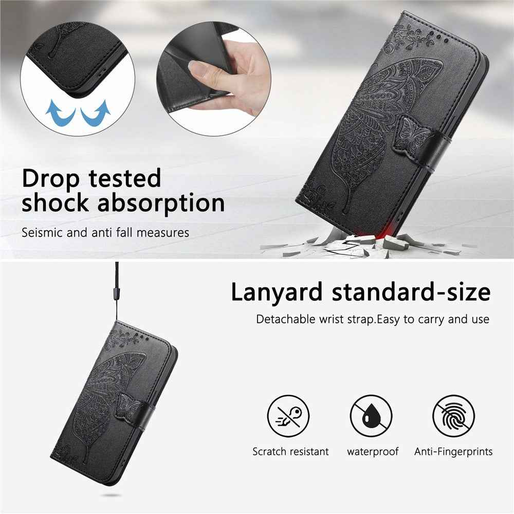 For Xiaomi 17 Pro Case with Strap Butterfly Pattern PU Leather Wallet Phone Cover - Black
