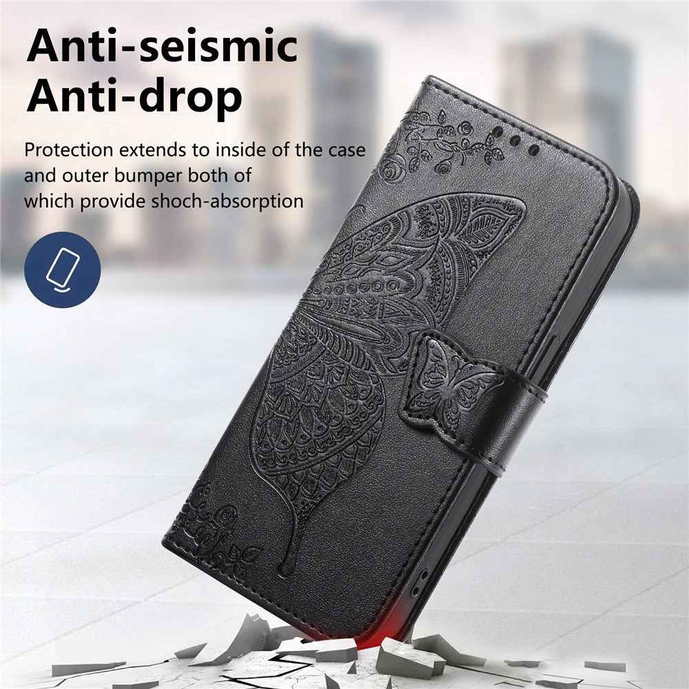 For Xiaomi 17 Pro Case with Strap Butterfly Pattern PU Leather Wallet Phone Cover - Black