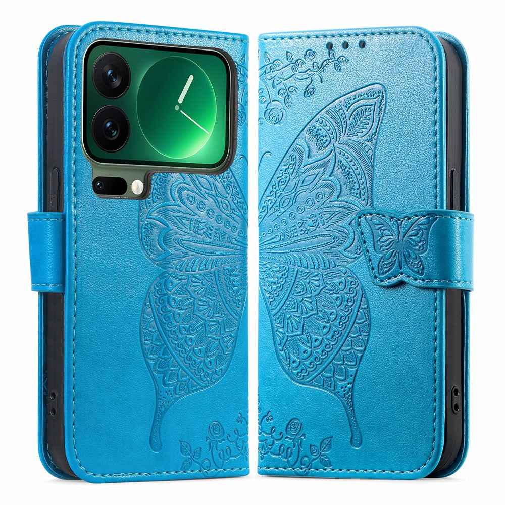 For Xiaomi 17 Pro Case with Strap Butterfly Pattern PU Leather Wallet Phone Cover - Blue