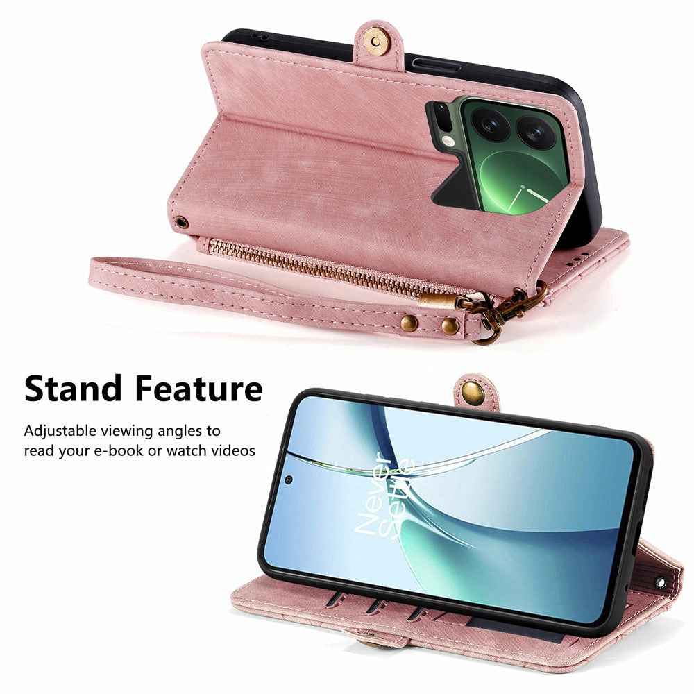 For Xiaomi 17 Pro Case Zipper Wallet Geometry Lines Leather Phone Cover with Strap - Pink