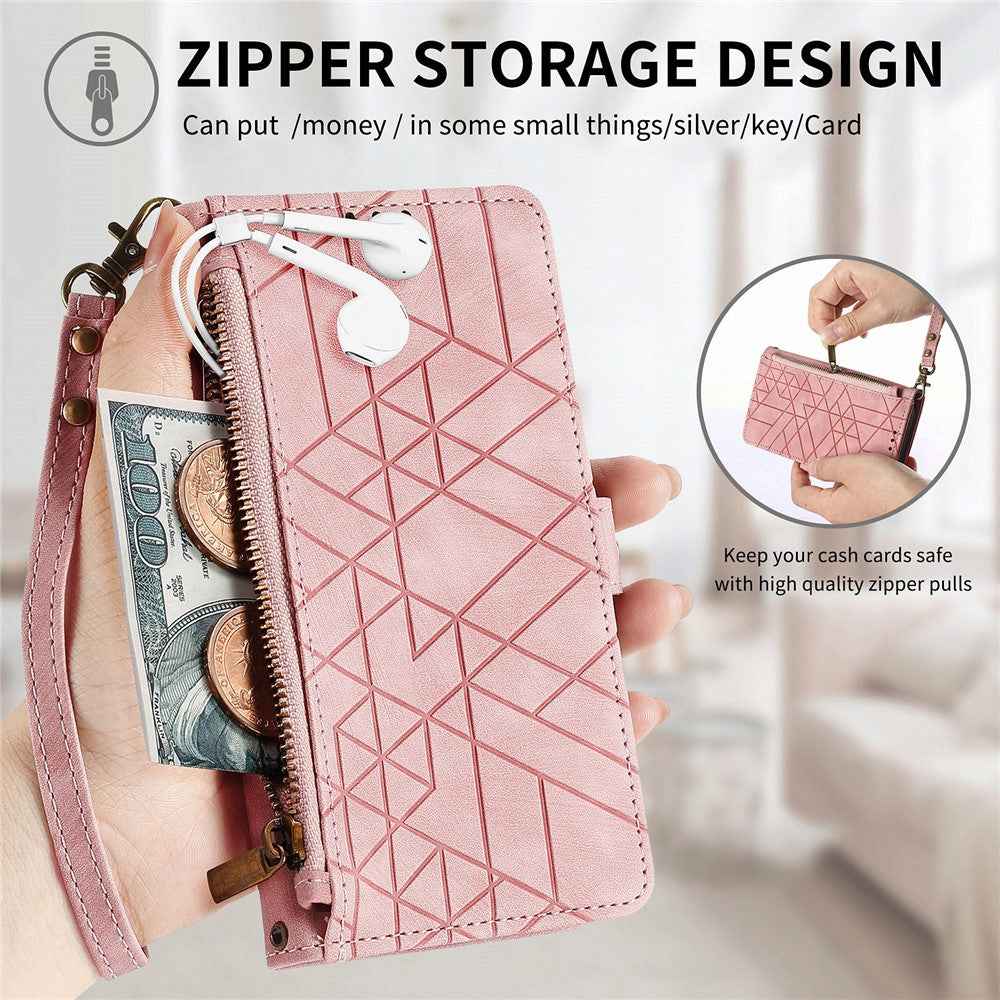For Xiaomi 17 Pro Case Zipper Wallet Geometry Lines Leather Phone Cover with Strap - Pink