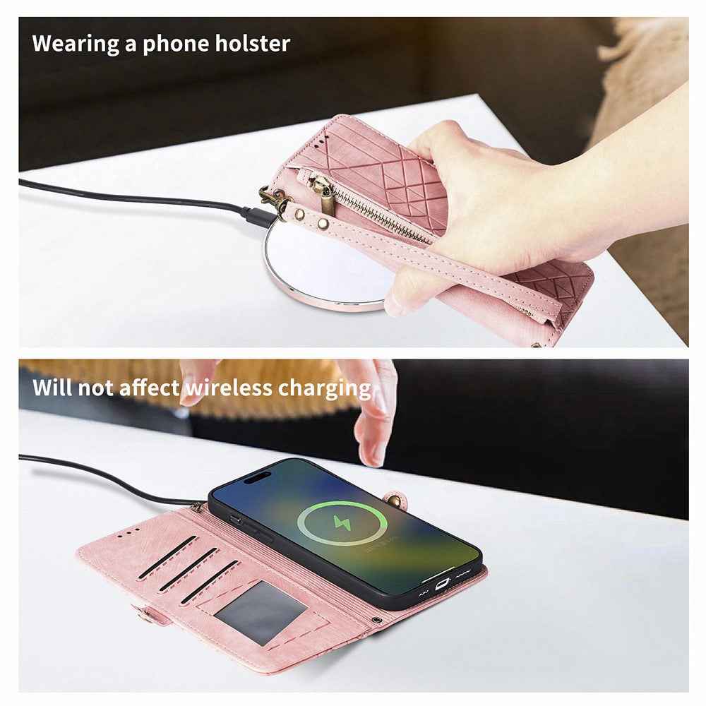 For Xiaomi 17 Pro Case Zipper Wallet Geometry Lines Leather Phone Cover with Strap - Pink
