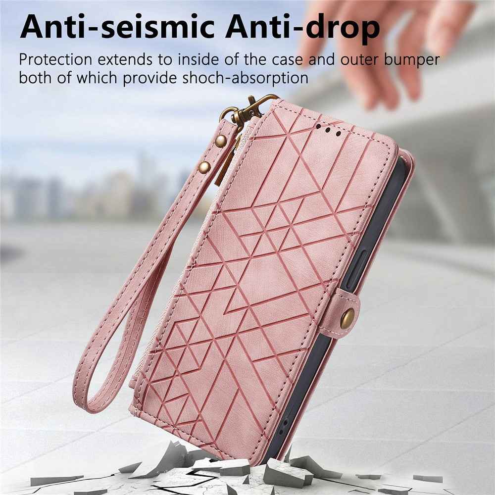 For Xiaomi 17 Pro Case Zipper Wallet Geometry Lines Leather Phone Cover with Strap - Pink