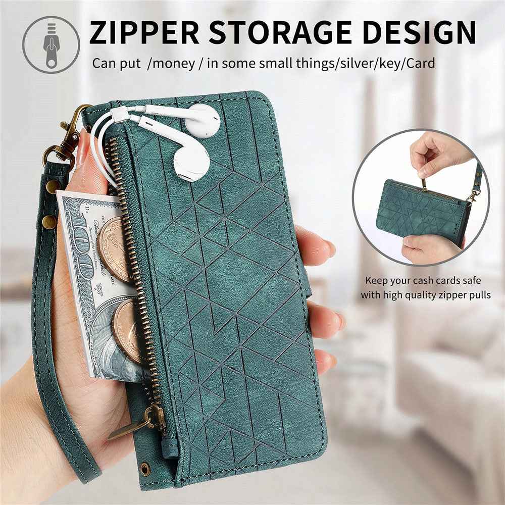 For Xiaomi 17 Pro Case Zipper Wallet Geometry Lines Leather Phone Cover with Strap - Green