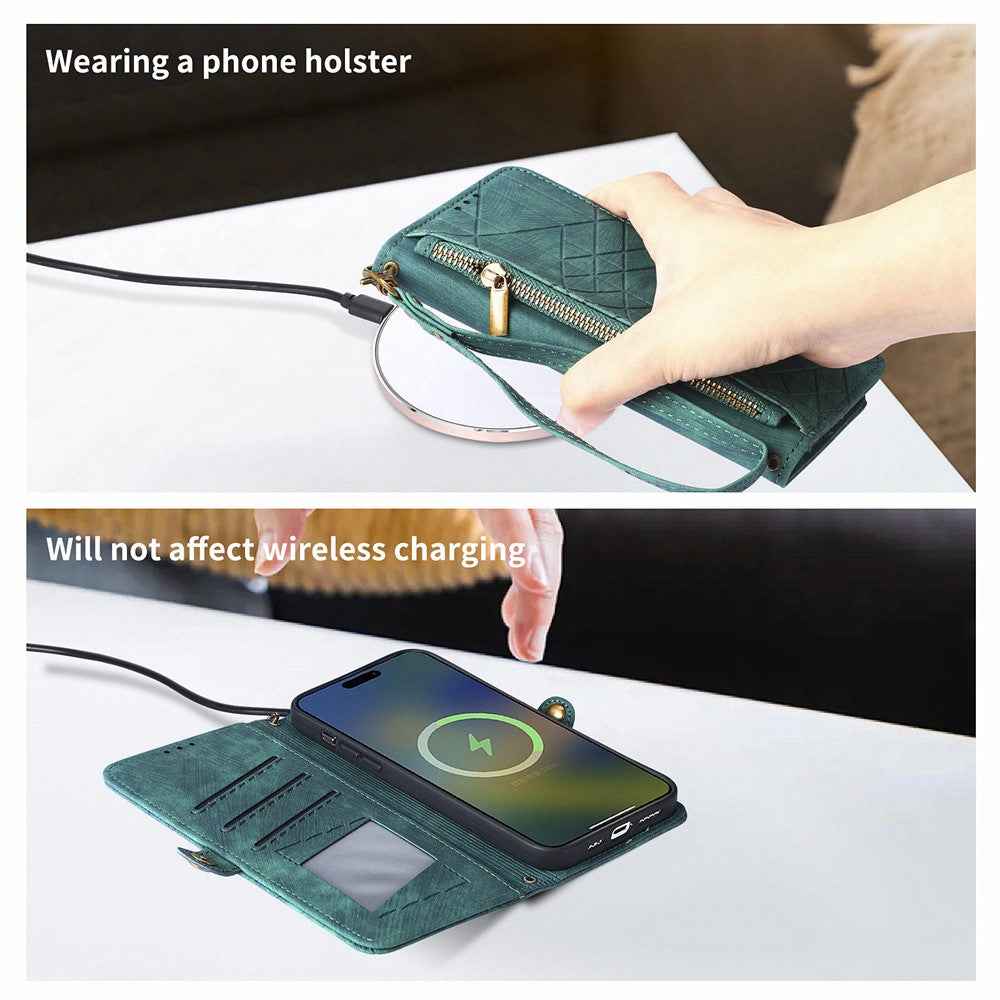 For Xiaomi 17 Pro Case Zipper Wallet Geometry Lines Leather Phone Cover with Strap - Green