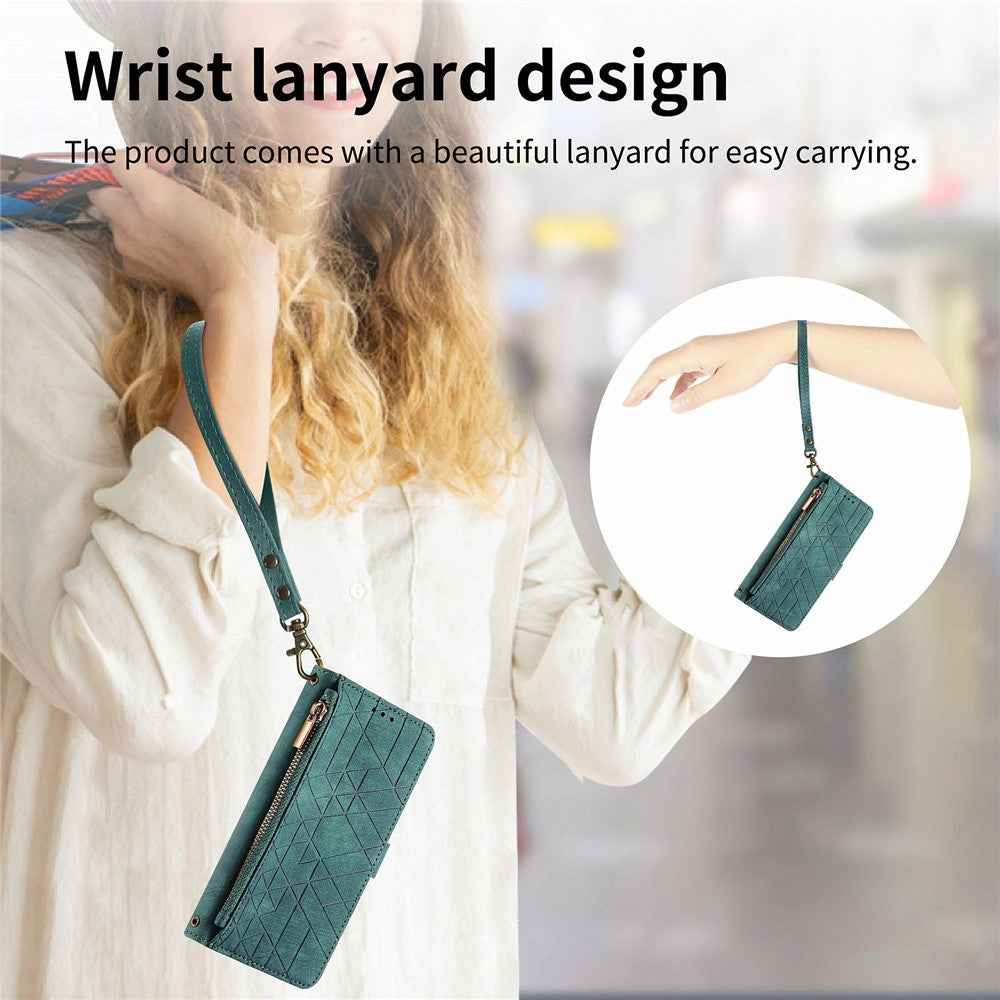For Xiaomi 17 Pro Case Zipper Wallet Geometry Lines Leather Phone Cover with Strap - Green